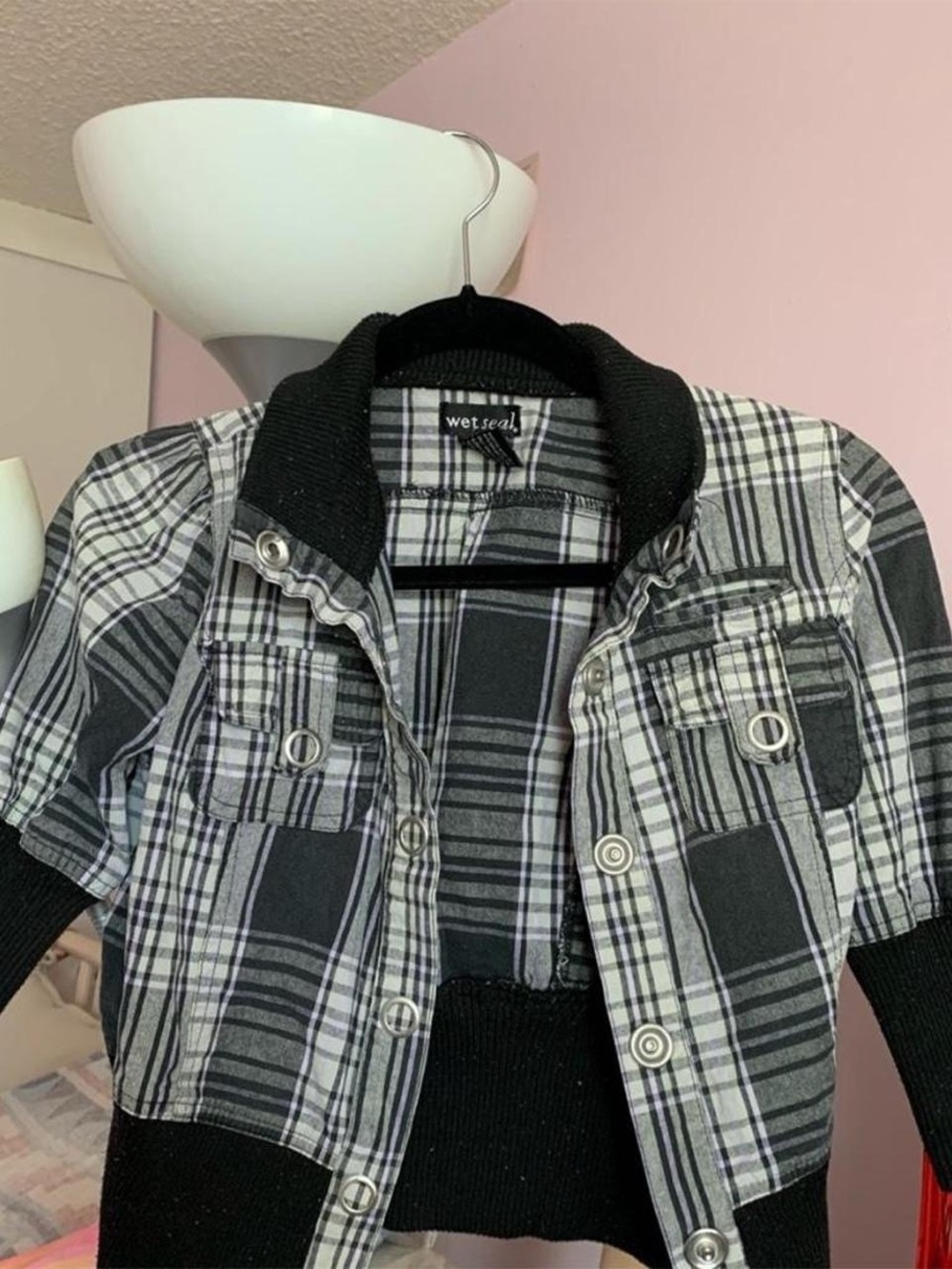Wet Seal Black and White Plaid Bomber Jacket